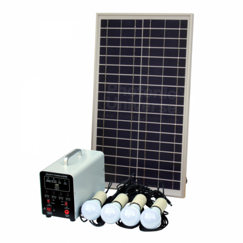 OFF-GRID SOLAR LIGHTING SYSTEM WITH 50W SOLAR PANEL, 4 LED LIGHTS, SOLAR CHARGE CONTROLLER AND LITHIUM BATTERY