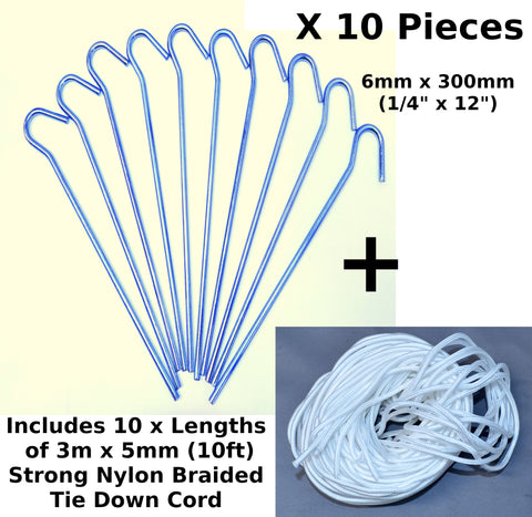 10 x Extra Strong Heavy Duty Camping Tent Pegs 9" x 1/4"(6m) Hard/Med Ground