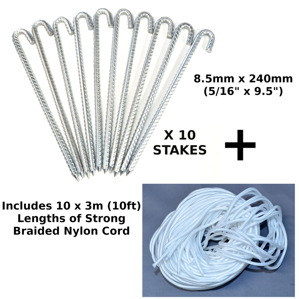 Heavy Duty 8.5mm x 240mm Tent, Gazebo Pegs, Galvanised Stakes x 10, Rebar + Cord