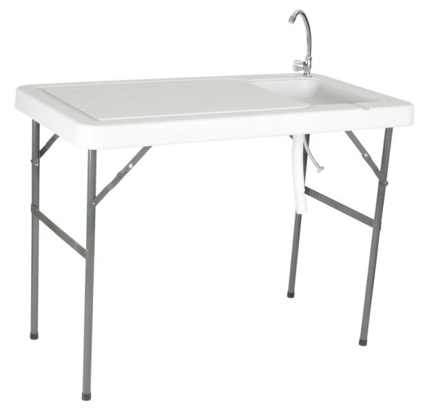 Blow moulded white sink unit/ preparation table with tap, hose pipe connector and waste pipe