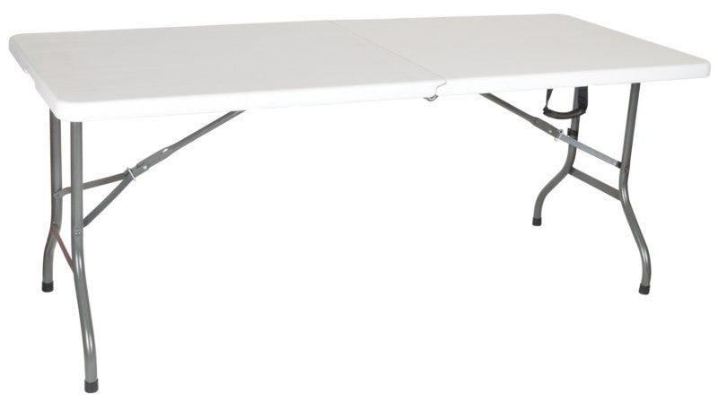 Blow moulded white 6ft folding table with folding legs, carry handle and lock, easy to store