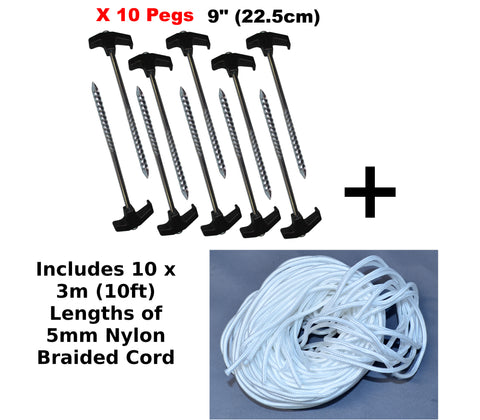 10 x Strong Heavy Duty Tent Pegs 230 x 5mm Zinc Plated +10 Lengths Nylon 3m Cord