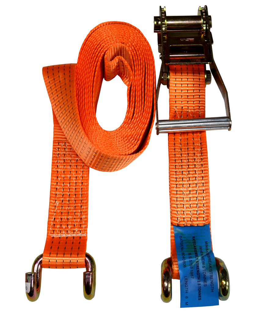 1 x Set of 6m Ratchet Straps 5 TON 50mm width. Open Rave Hook Wide J-Hook ends