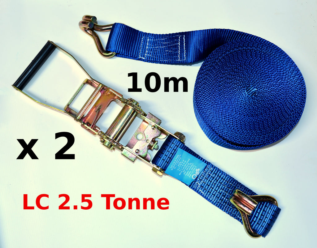 2 x 50mm 10m Ratchet Straps Load Capacity 2.5 tonne with J-Hooks – Leisure  Bargains