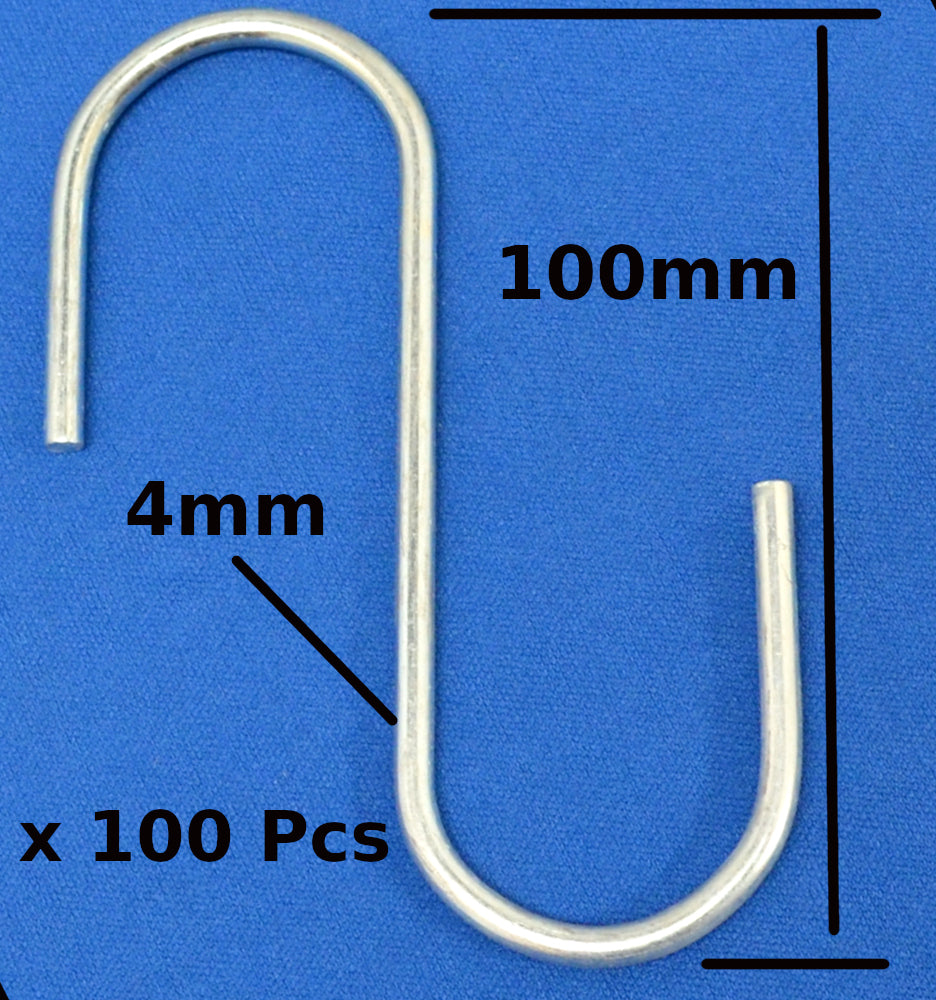 5/10/50/100 x 100 mm S-HOOKS HD Made from 4mm spring wire. Silver Zinc Plated