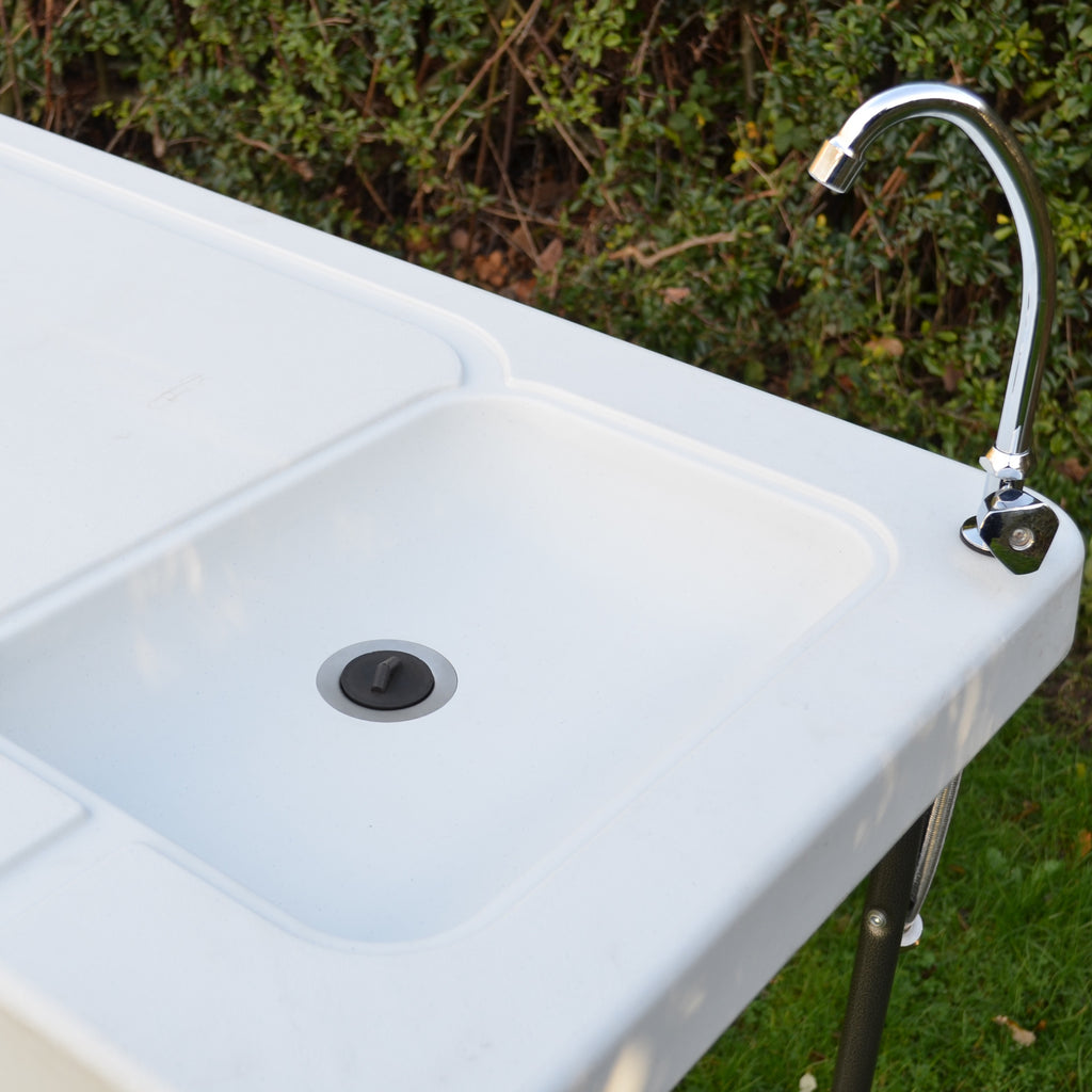 Blow moulded white sink unit/ preparation table with tap, hose pipe connector and waste pipe